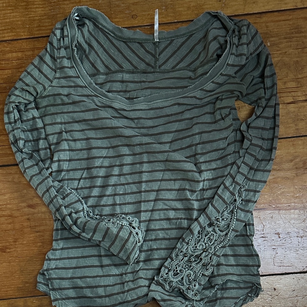 Free People Green Striped Lace Sleeve Top